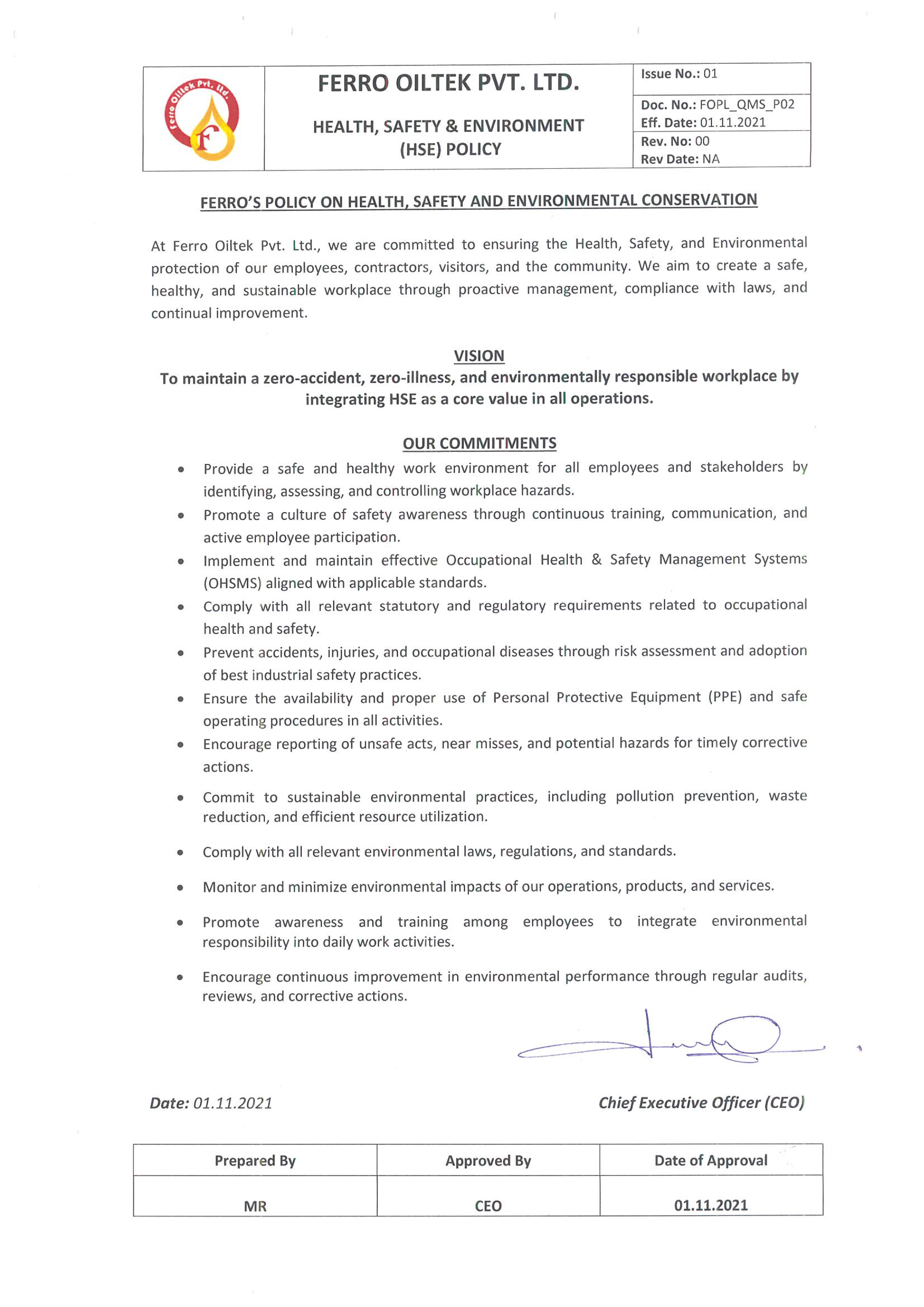 Ferro Oiltek HSE Policy