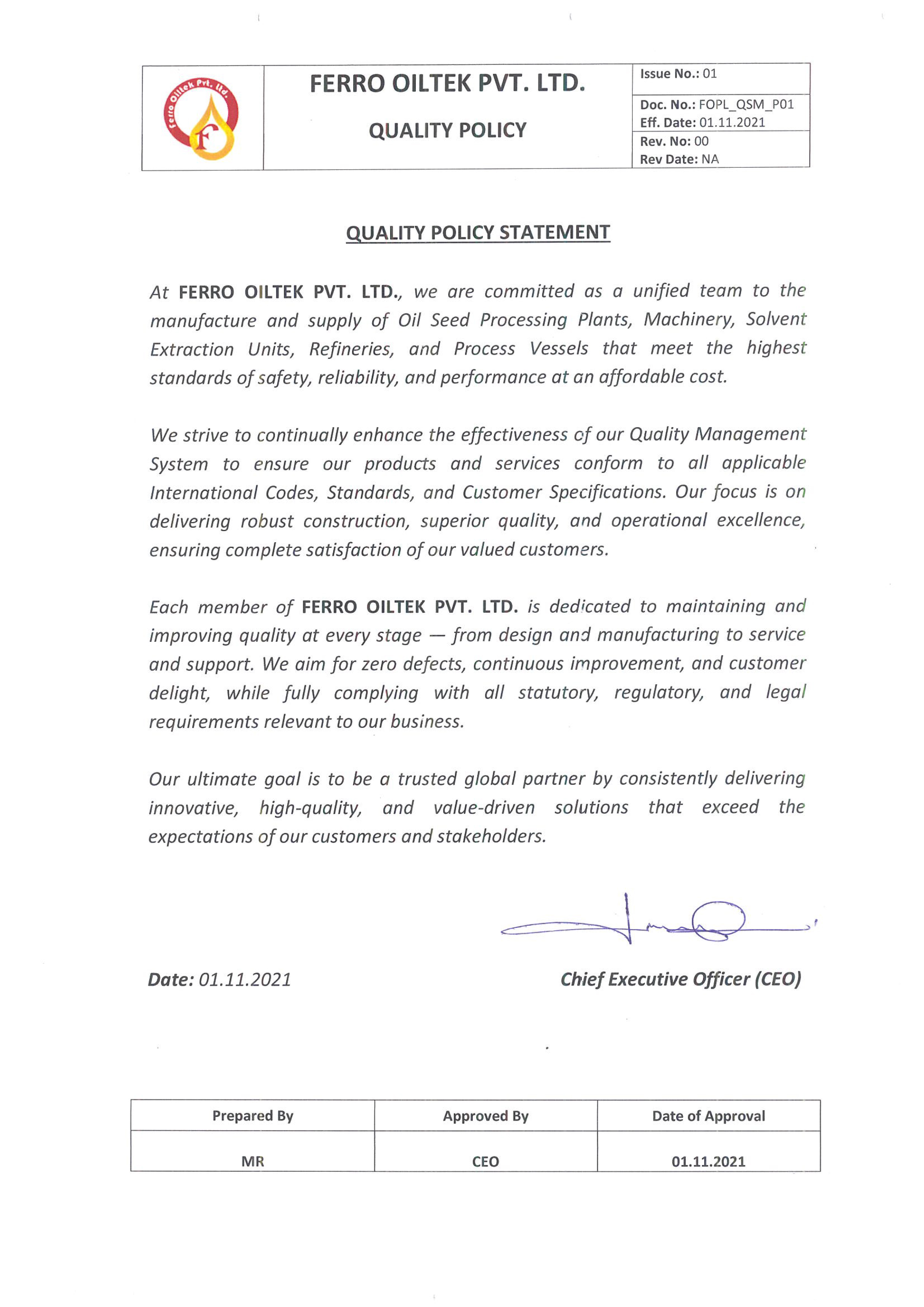 Ferro Oiltek Quality Policy