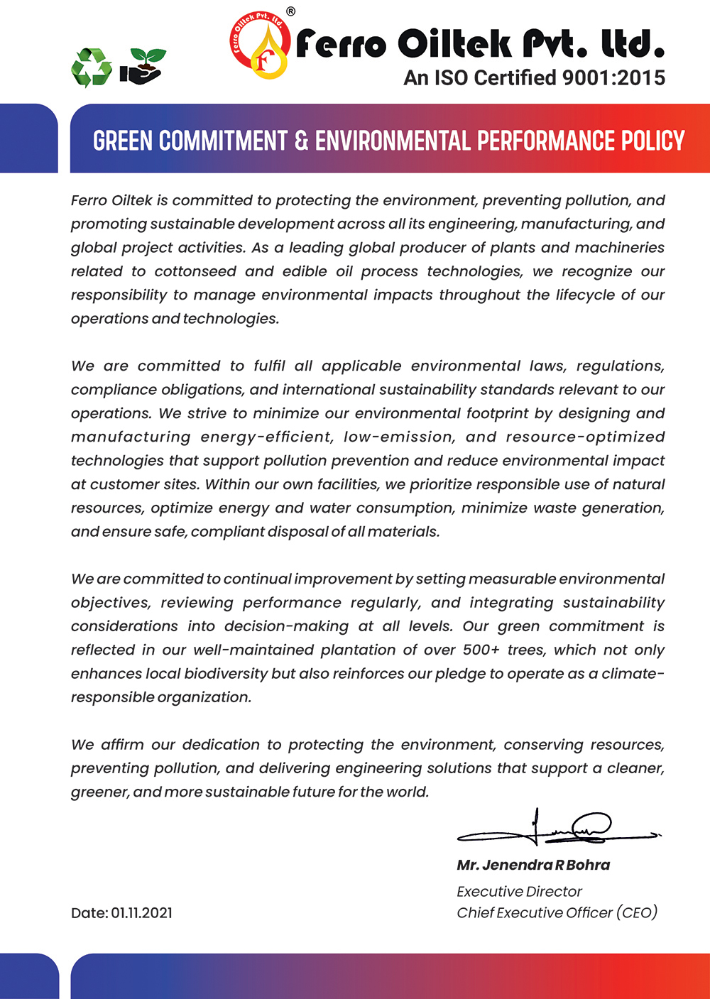 Ferro Oiltek Green Commitment & Environmental Performance Policy