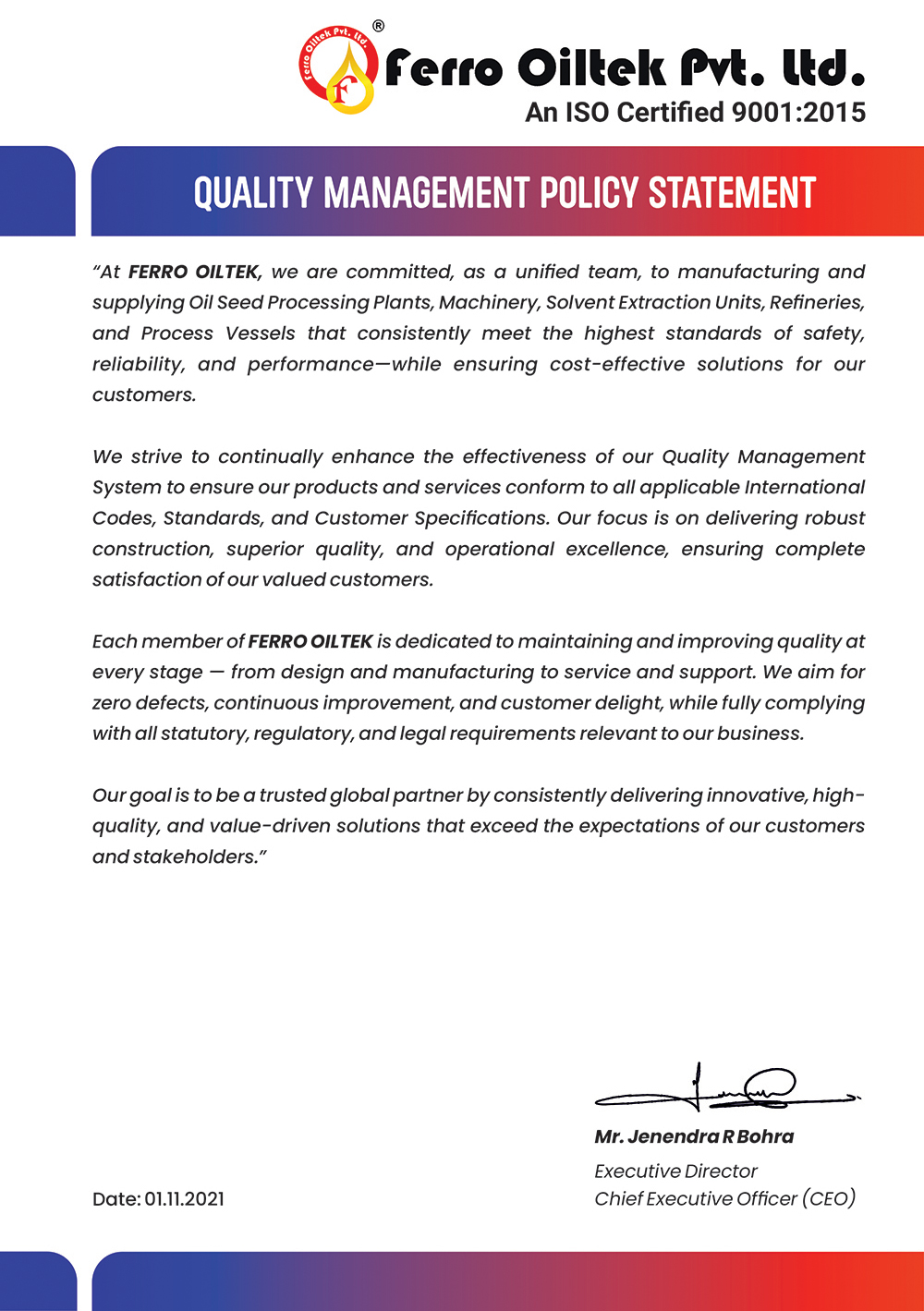 Ferro Oiltek Quality Policy